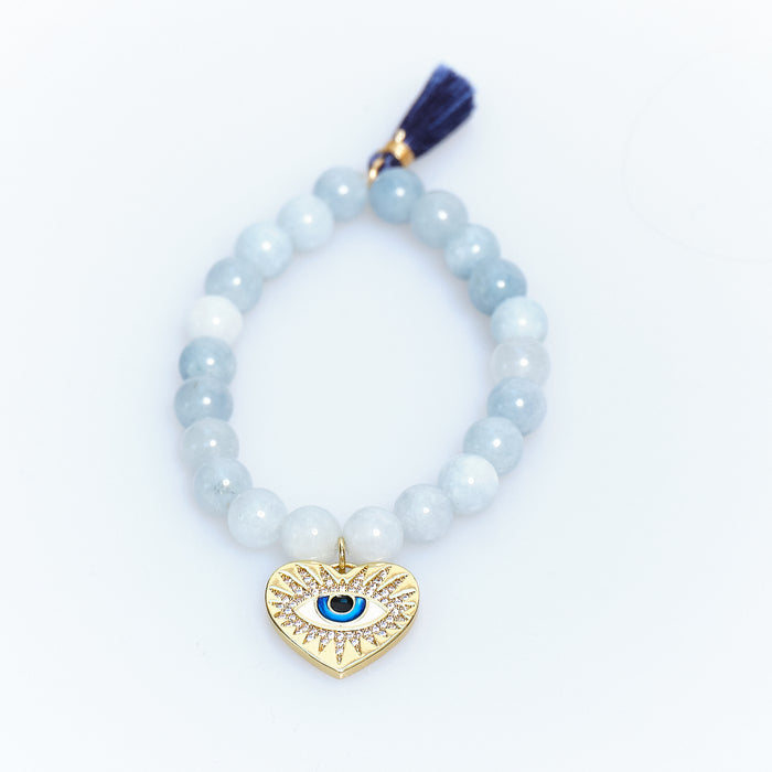 Lucky Charm Aquamarine Evil Eye Heart Bracelet