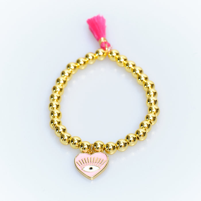 Lucky Charm Gold Bead Pink Evil Eye Heart Bracelet